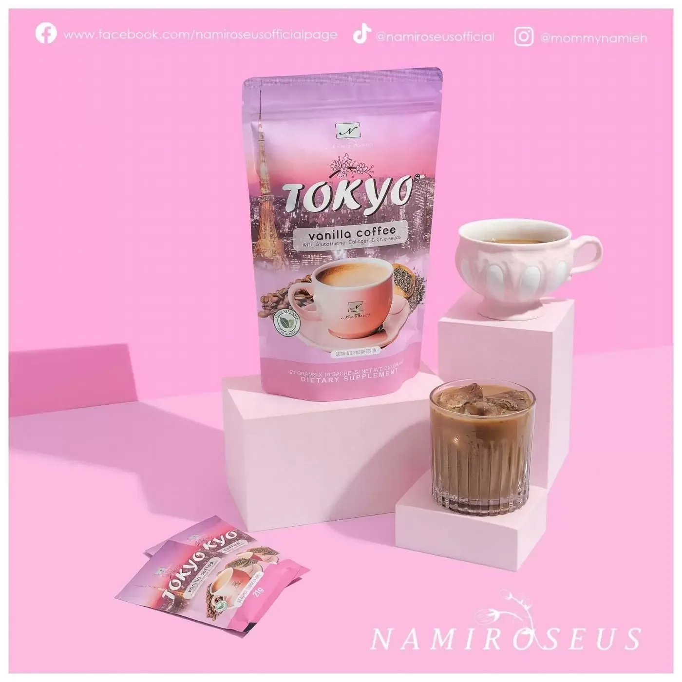 tokyo vanilla coffee product display with cup, sachets, and iced beverage on pink background., chiruinkinshicho 1 goten, toky