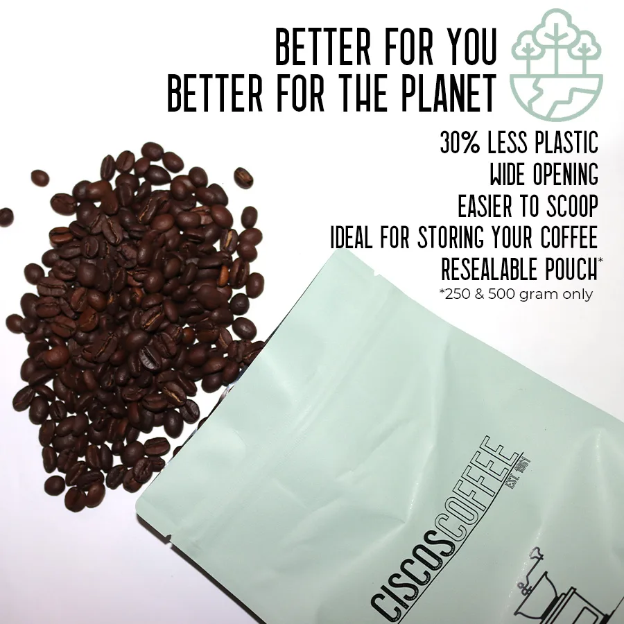 coffee beans scattered beside a light green resealable pouch with sustainability messaging., ciscos coffee, windsor