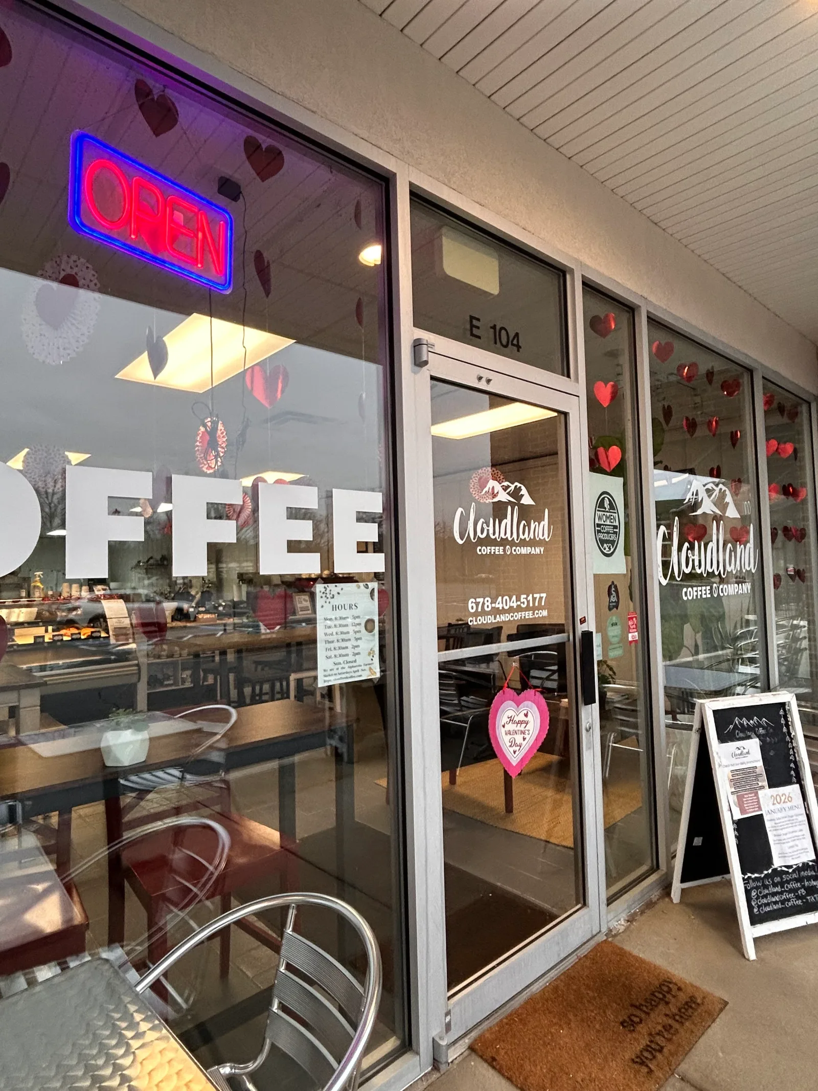 cloudland coffee company storefront with open sign and valentine's heart decorations., cloudland coffee company, atlanta
