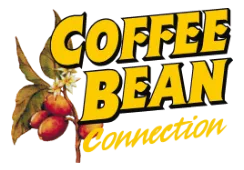 yellow bold text "coffee bean connection" with coffee plant branch and red berries., coffee bean connection, wisconsin