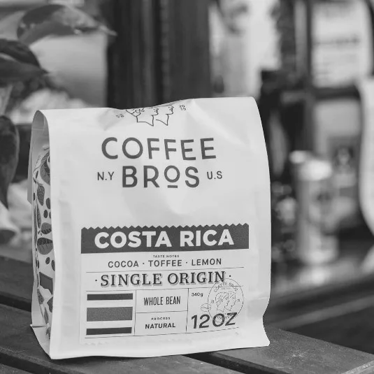 coffee bros single origin costa rica whole bean bag in black and white., coffee bros., new york