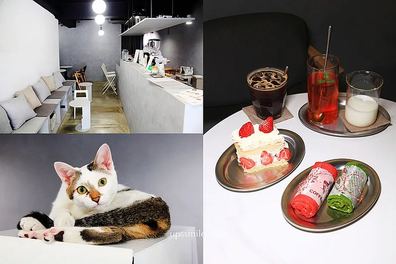 café interior, beverages, pastries with strawberries, and cute cat portrait displayed., 珈琲部 coffee & co., taipei