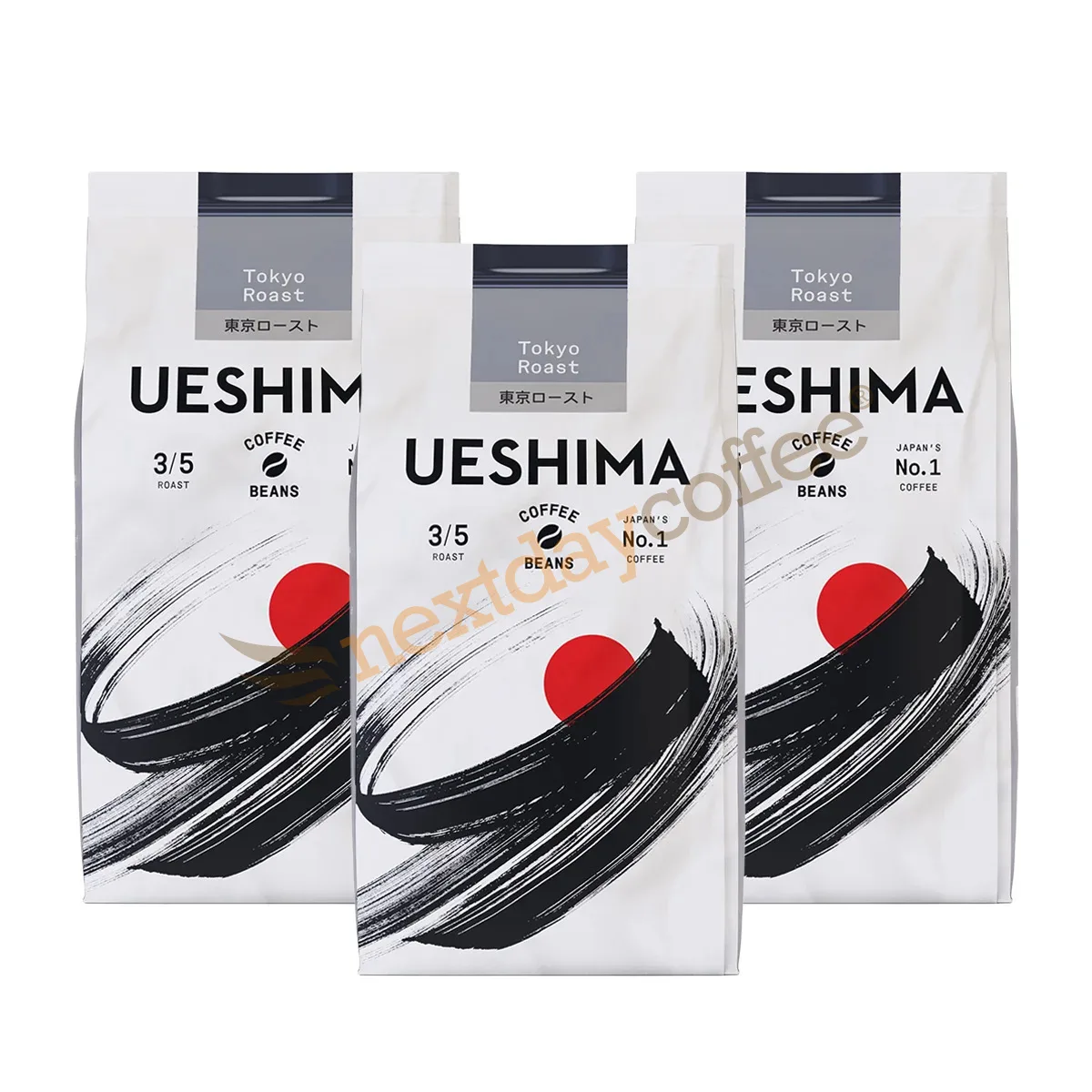 three packages of ueshima tokyo roast coffee beans with japanese design and red sun motif., coffee roast sai, tokyo