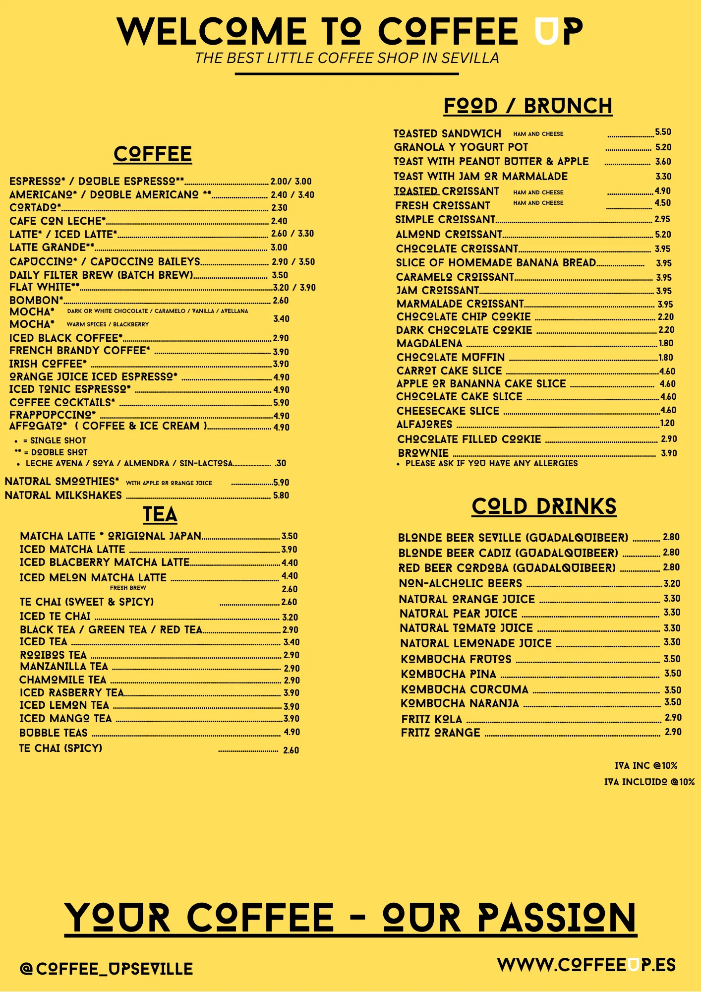 yellow menu layout displaying coffee shop offerings with organized sections and pricing information., coffee up triana - spec