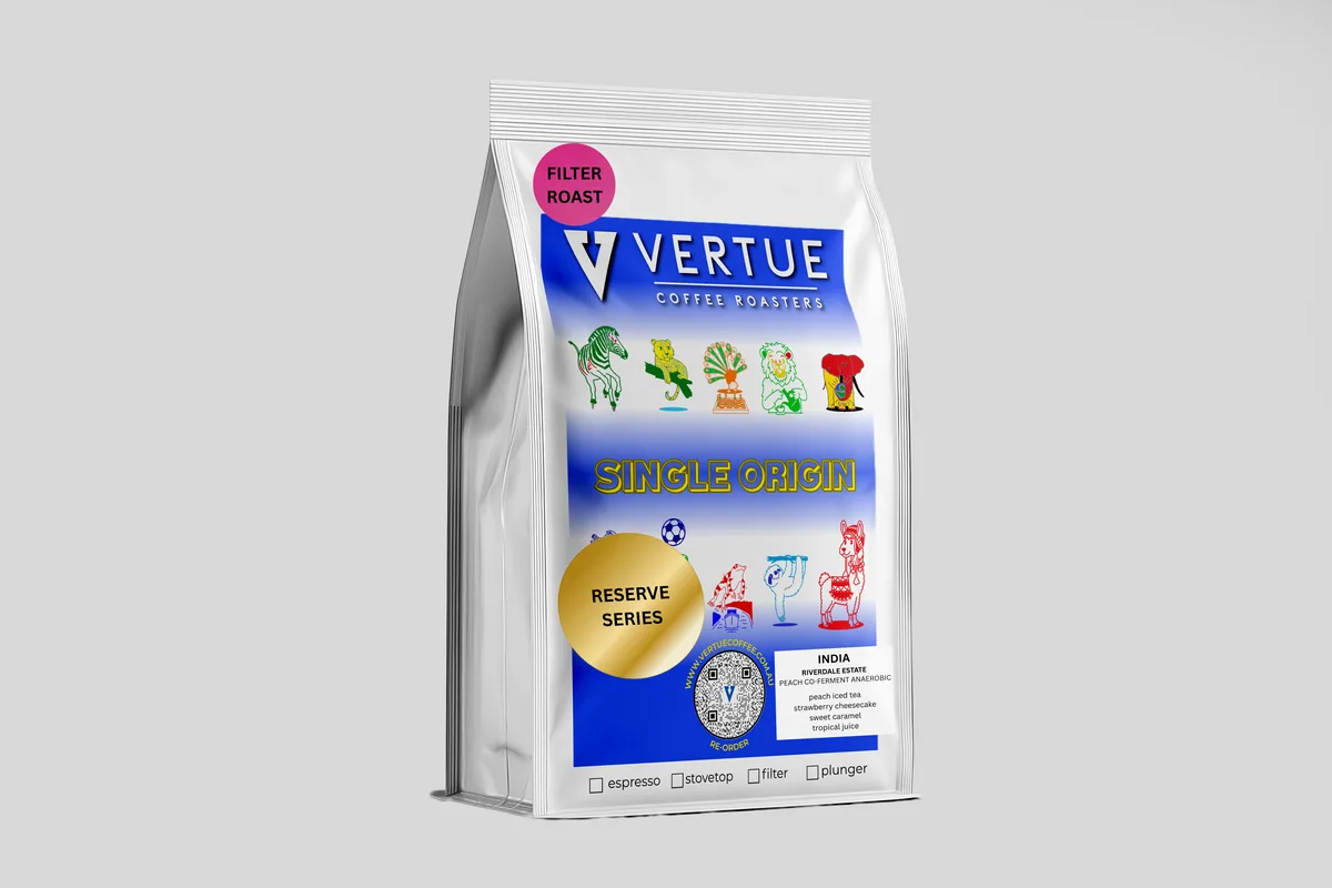 india riverdale estate peach co-ferment filter roast coffee by vertue coffee roasters