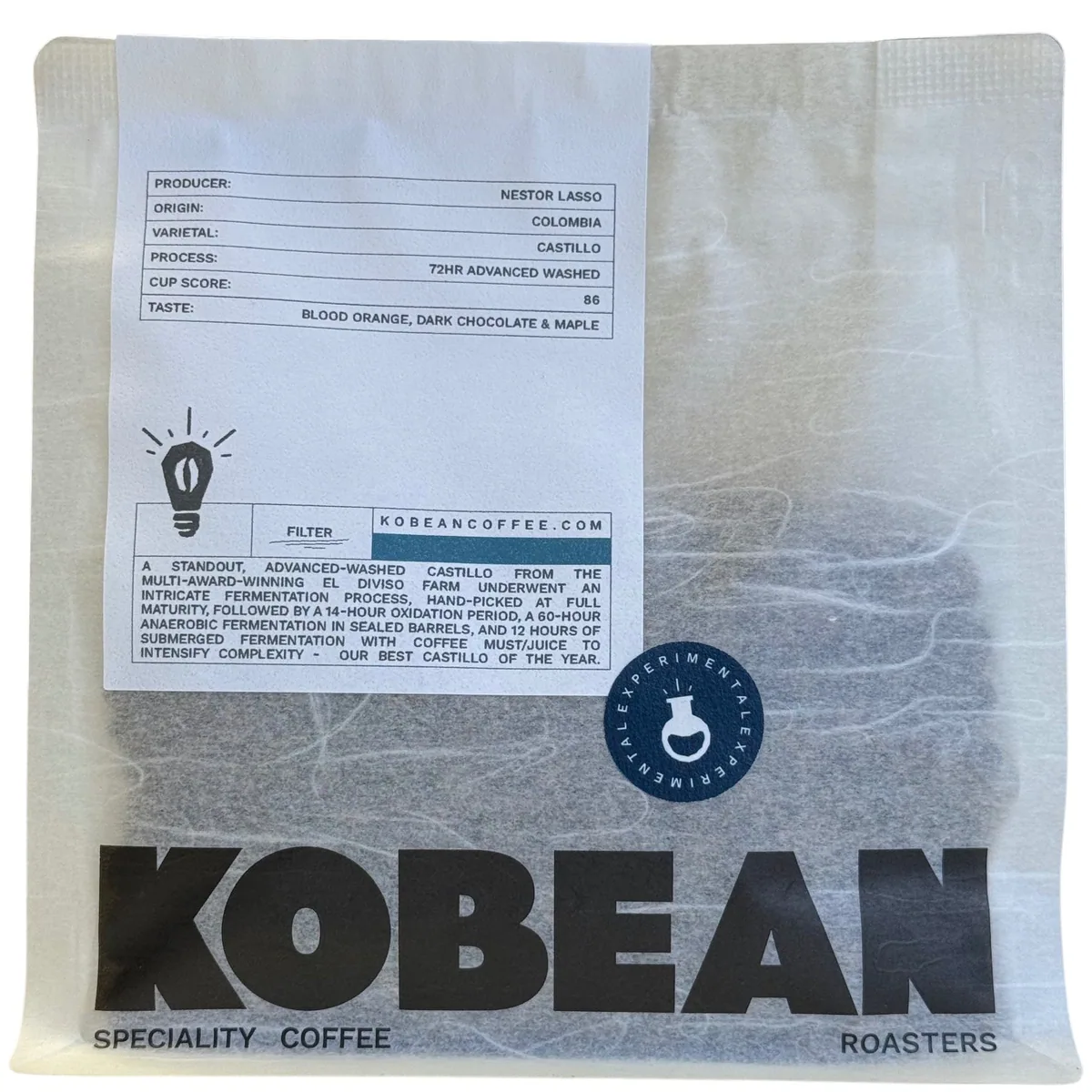 nestor lasso - (72hr advanced washed, castillo) sca: 86 coffee by kobean coffee roasters