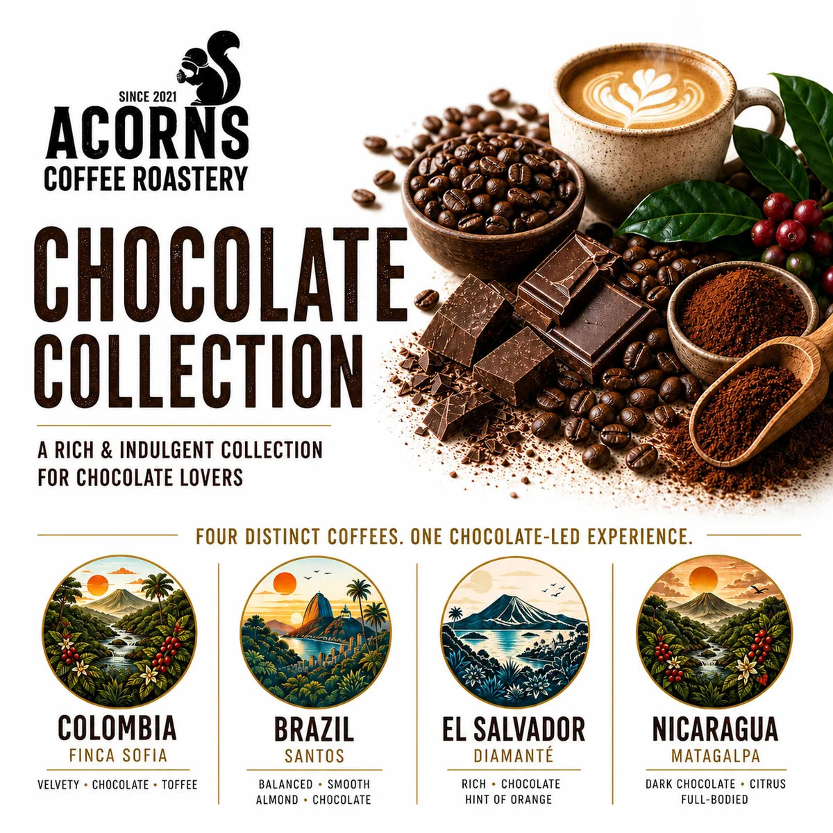chocolatey collection coffee by acorns coffee and cake