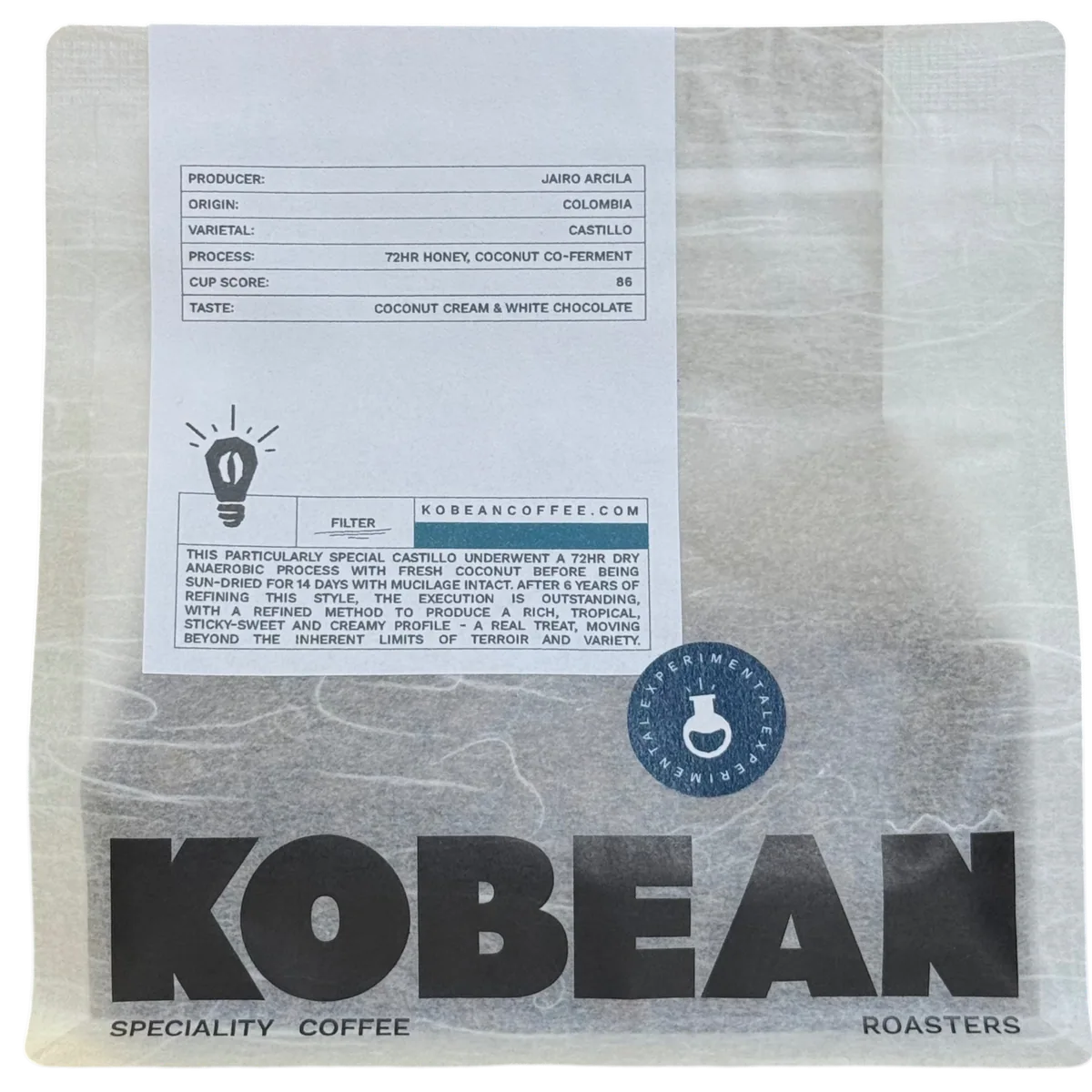 jairo arcila - (72hr honey, coconut co-ferment, castillo) sca: 86 coffee by kobean coffee roasters