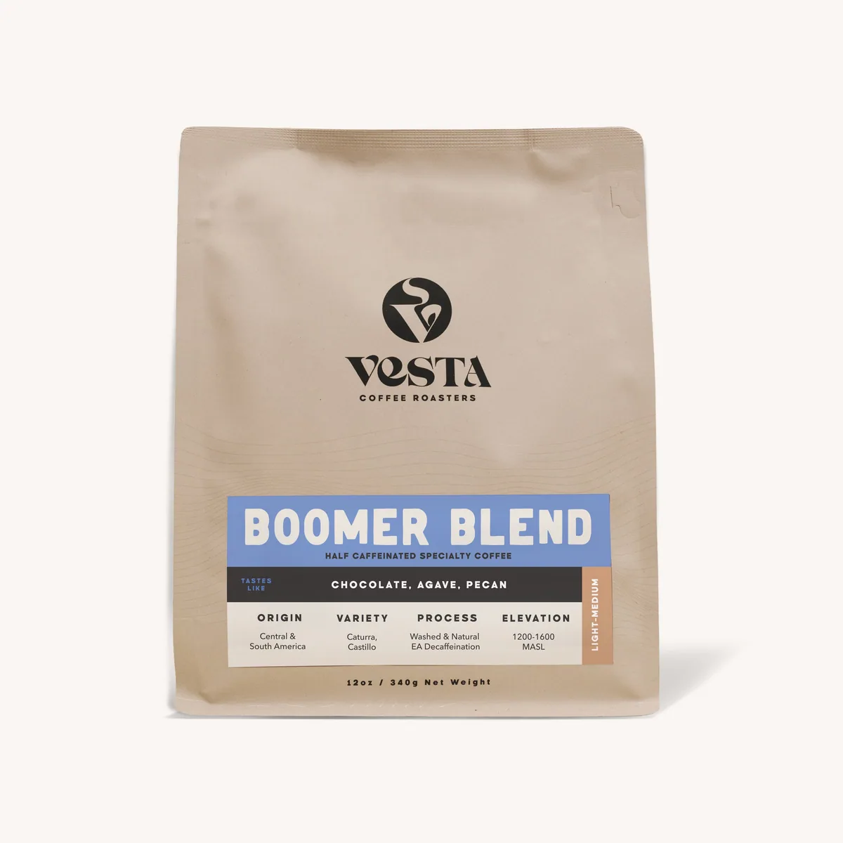boomer blend - half caffeinated blend coffee by vesta coffee roasters