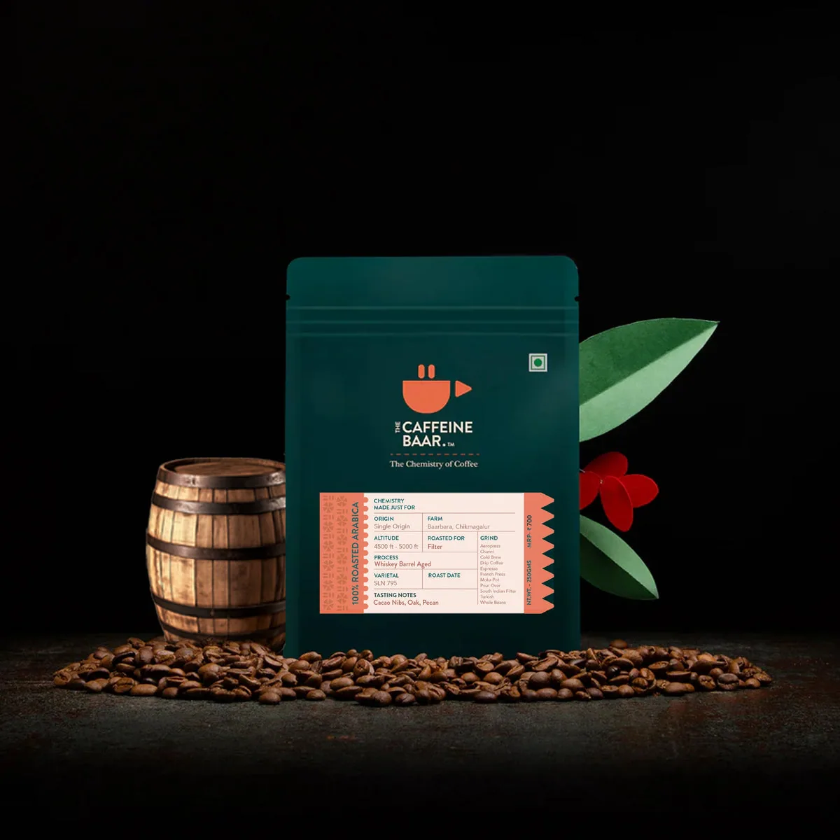 whiskey barrel aged sample packet coffee by the caffeine baar cafe & roastery
