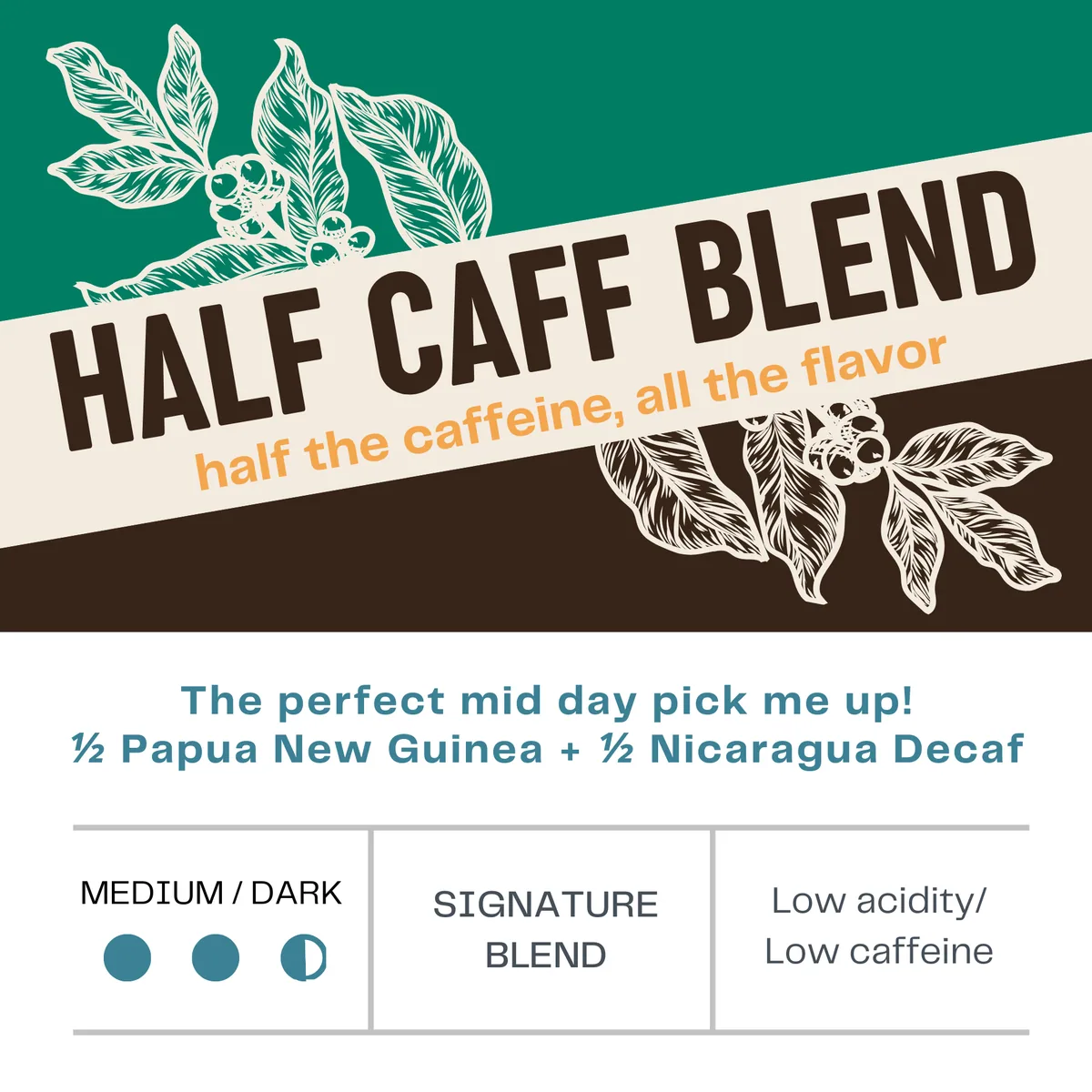 half caff | medium/dark roast coffee by hemisphere coffee roasters