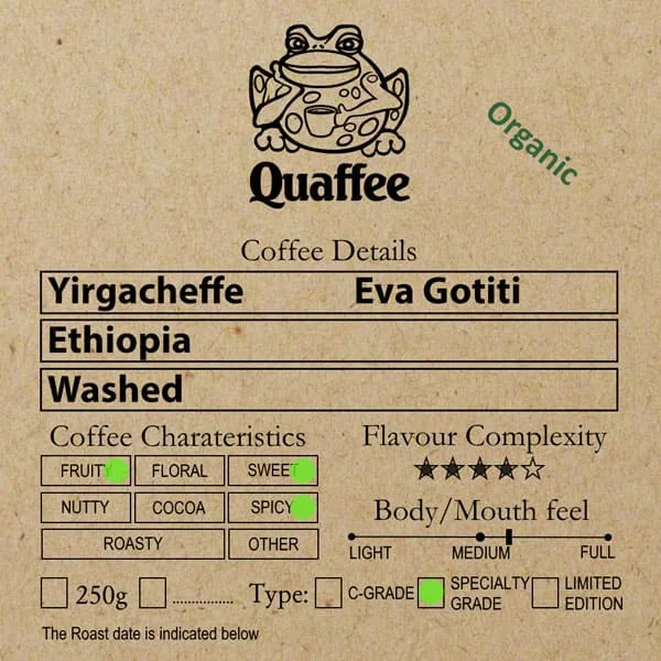 ethiopian yirgacheffe eva gotiti organic washed coffee - ethiopia coffee by quaffee, coffee roastery