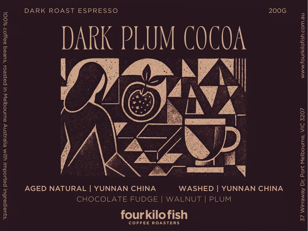 dark plum cocoa | dark roast espresso blend | yunnan, china - yunnan coffee by four kilo fish coffee & tea