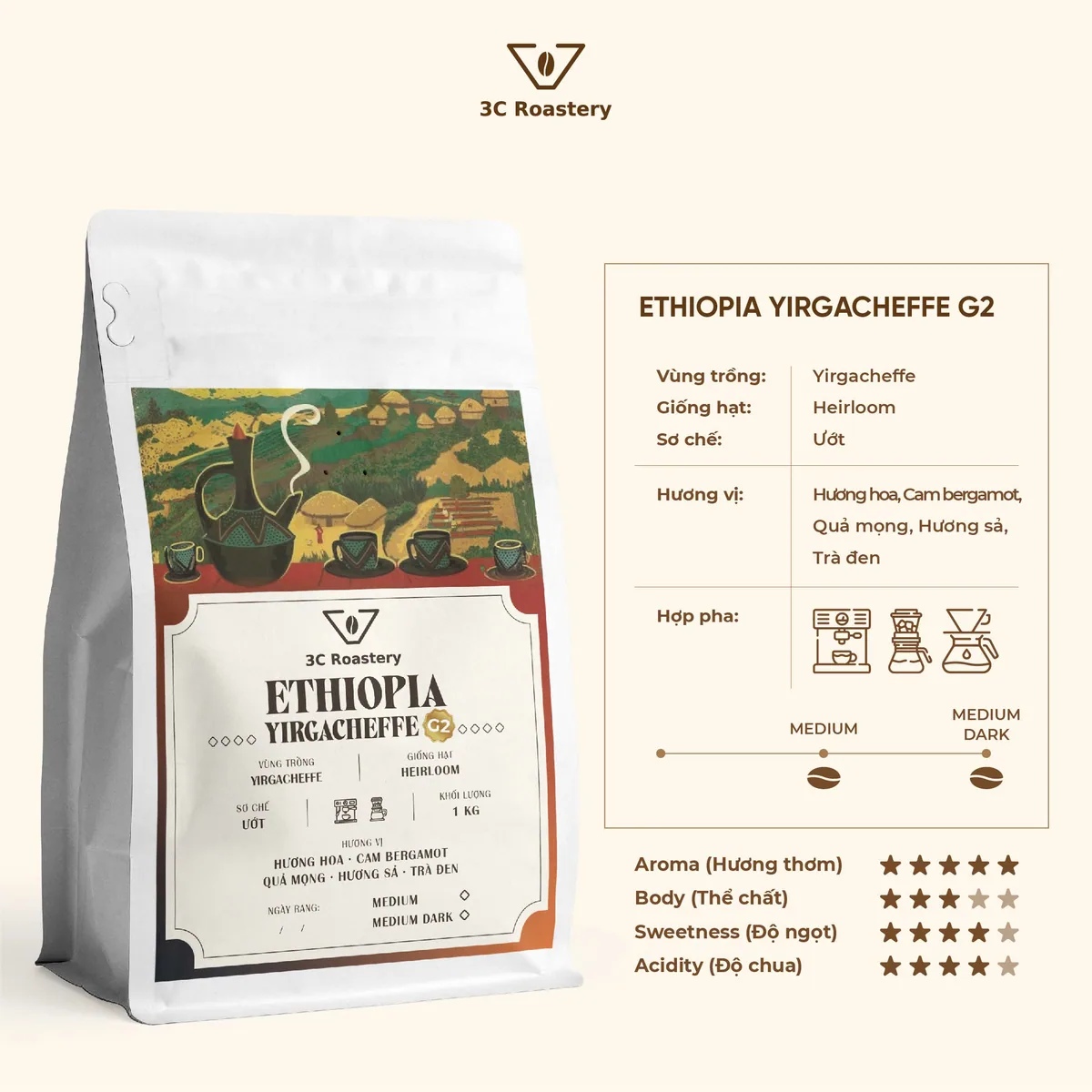 cà phê arabica ethiopia yirgacheffe g2 – washed - ethiopia coffee by 3c roastery