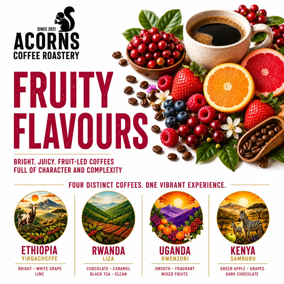 fruity flavours coffee by acorns coffee and cake