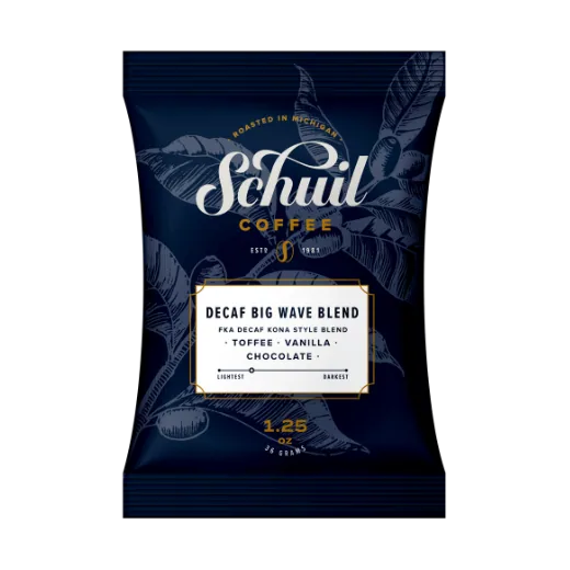 decaf big wave blend - packet - rwanda + colombia + brazil + hawaii + hawaiian kona coffee by schuil coffee company