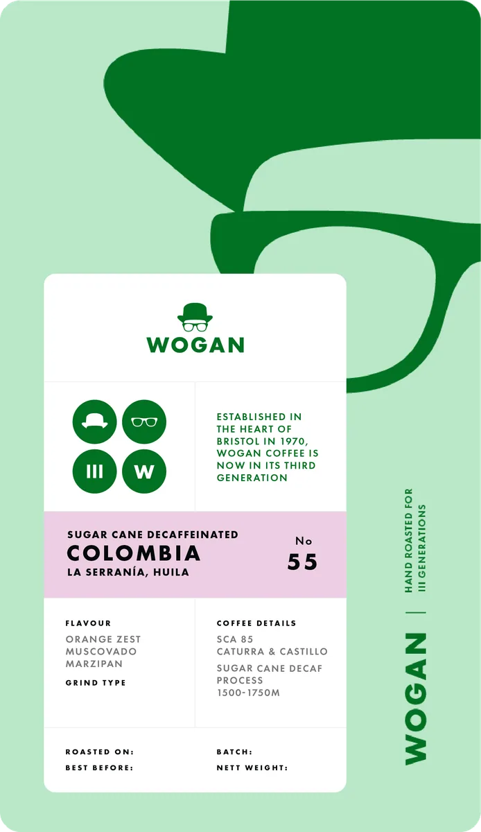 sugar cane decaf, colombia, la serranía coffee by wogan coffee