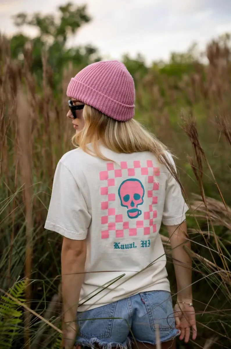 checkered skull tee // cream coffee by java kai