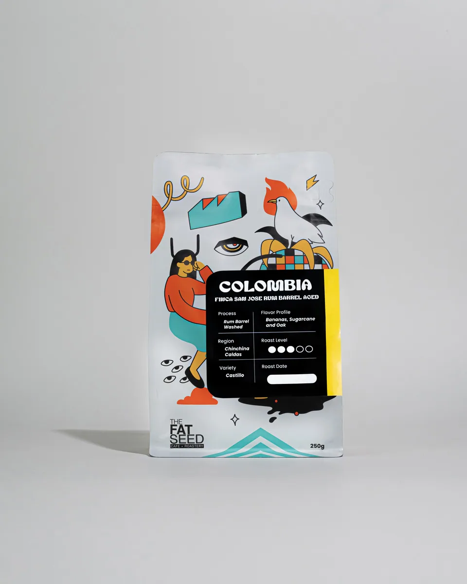 colombia finca san jose rum barrel aged washed - colombia coffee by the fat seed cafe + roastery one ayala