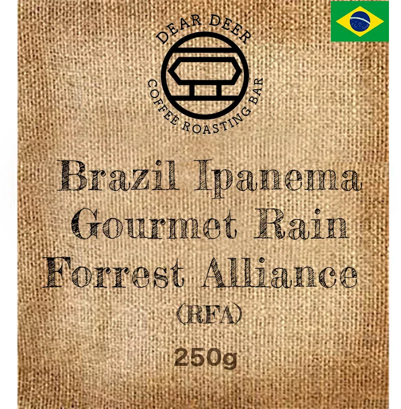 brazil ipanema gourmet rain forrest alliance (rfa) coffee by dear deer coffee roasting bar ellerslie