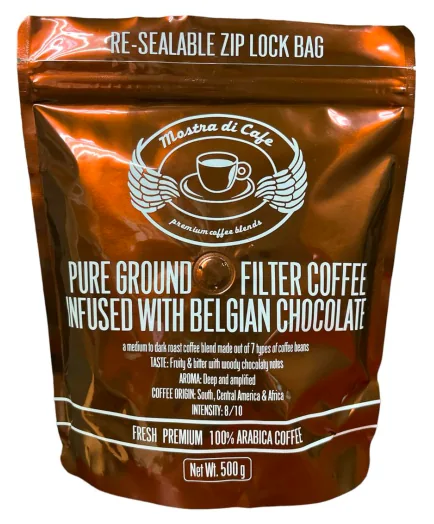 belgian chocolate infused ground – 500gm - ethiopia + uganda + guatemala + honduras coffee by mostra di cafe - coffee roastery