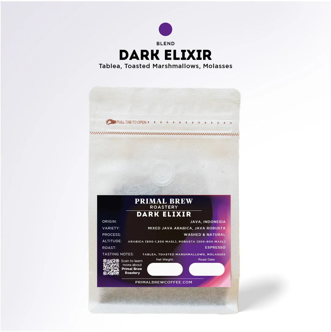 dark elixir | signature arabica & robusta blend | primal brew coffee by primal brew coffee + roastery