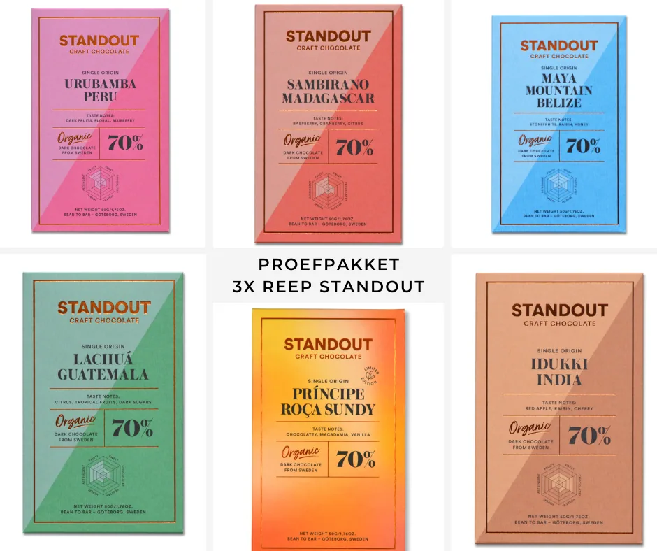 proefpakket standout craft chocolate 3 x 50 gram coffee by koffiebranderij gebrand op smaak