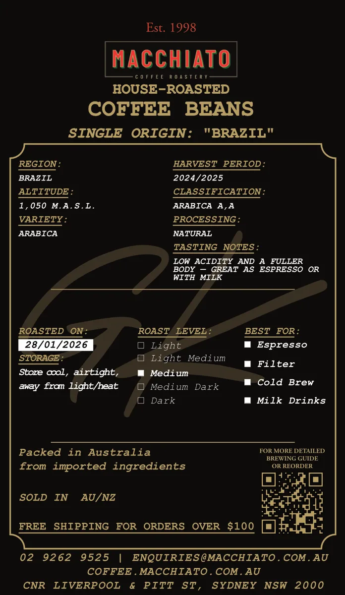 single origin brazil — lua roxa (natural, cerrado) coffee by macchiato wood fire pizza and coffee roasters