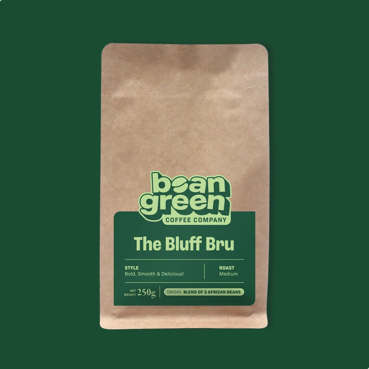 the bluff bru coffee by the bean green coffee roastery.
