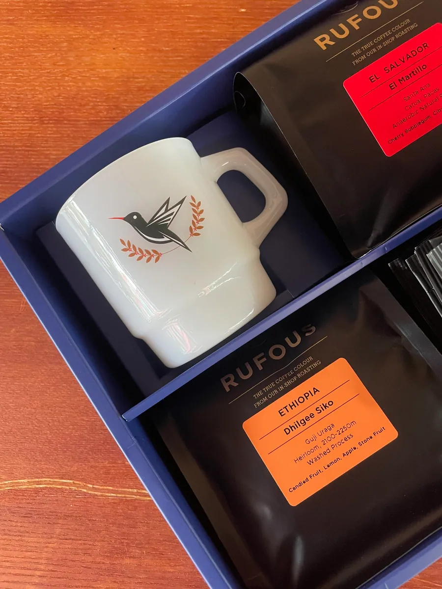 rufous logo <br>奶玻璃杯1個 <br>蜂鳥圖案<br>手工烤花工藝<br> hally chen 設計<br> 白色紙盒包裝 - ethiopia coffee by rufous coffee roasters 2