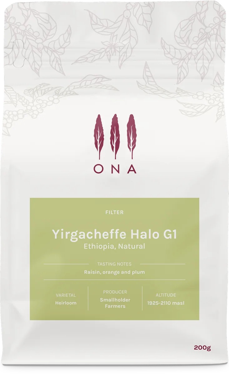 yirgacheffe halo g1, ethiopia, natural coffee by ona