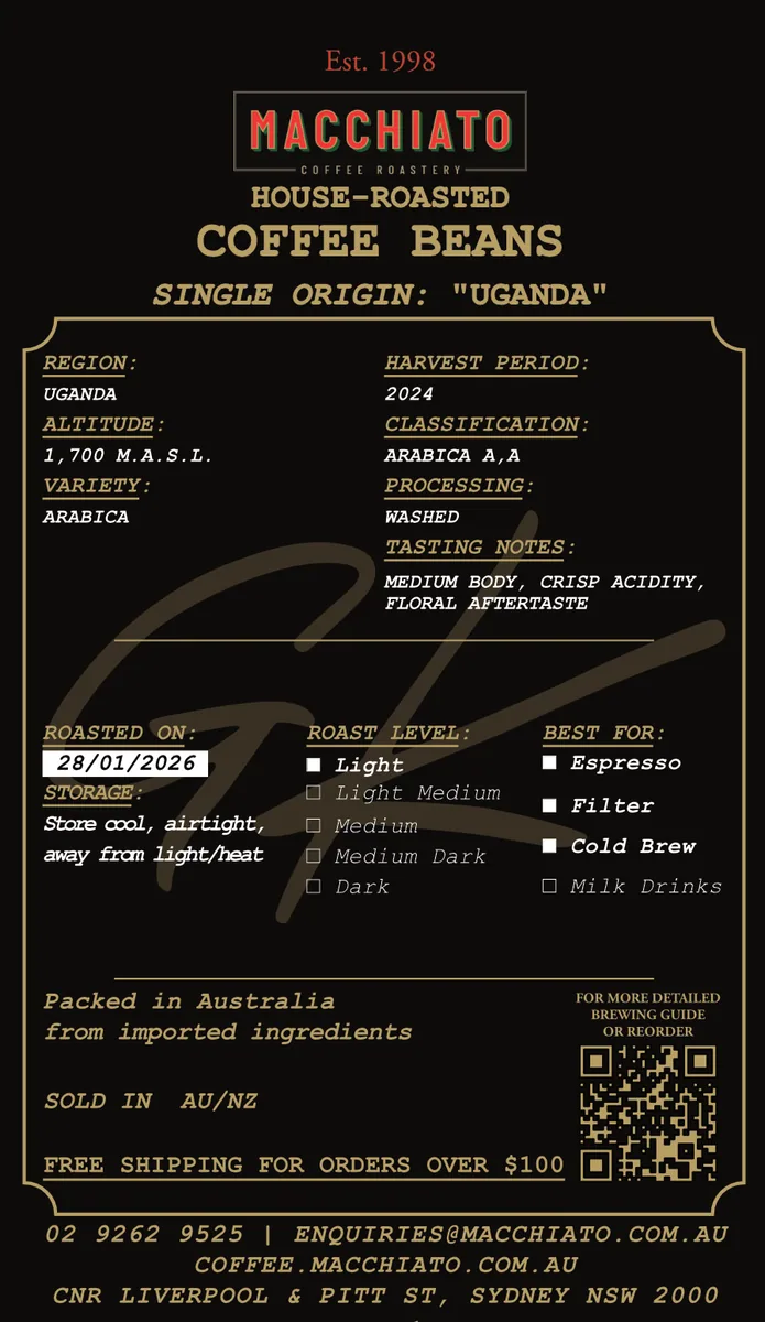 single origin uganda (washed arabica) coffee by macchiato wood fire pizza and coffee roasters