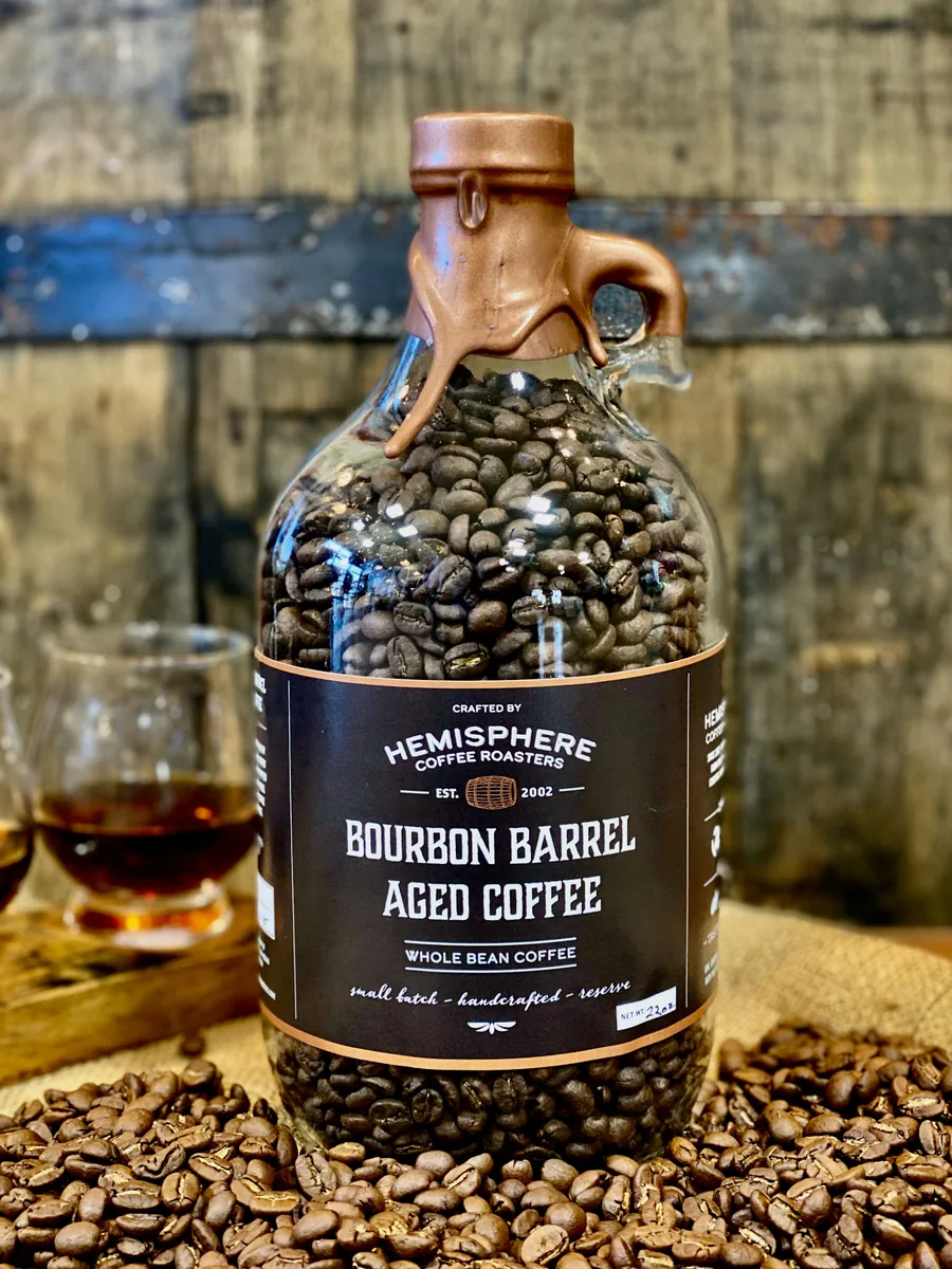 bourbon barrel-aged coffee | 22oz growler coffee by hemisphere coffee roasters