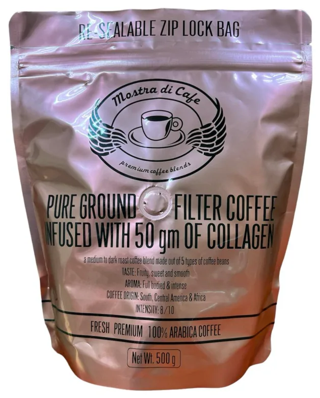 collagen infused ground – 500gm - ethiopia + uganda + guatemala + honduras coffee by mostra di cafe - coffee roastery