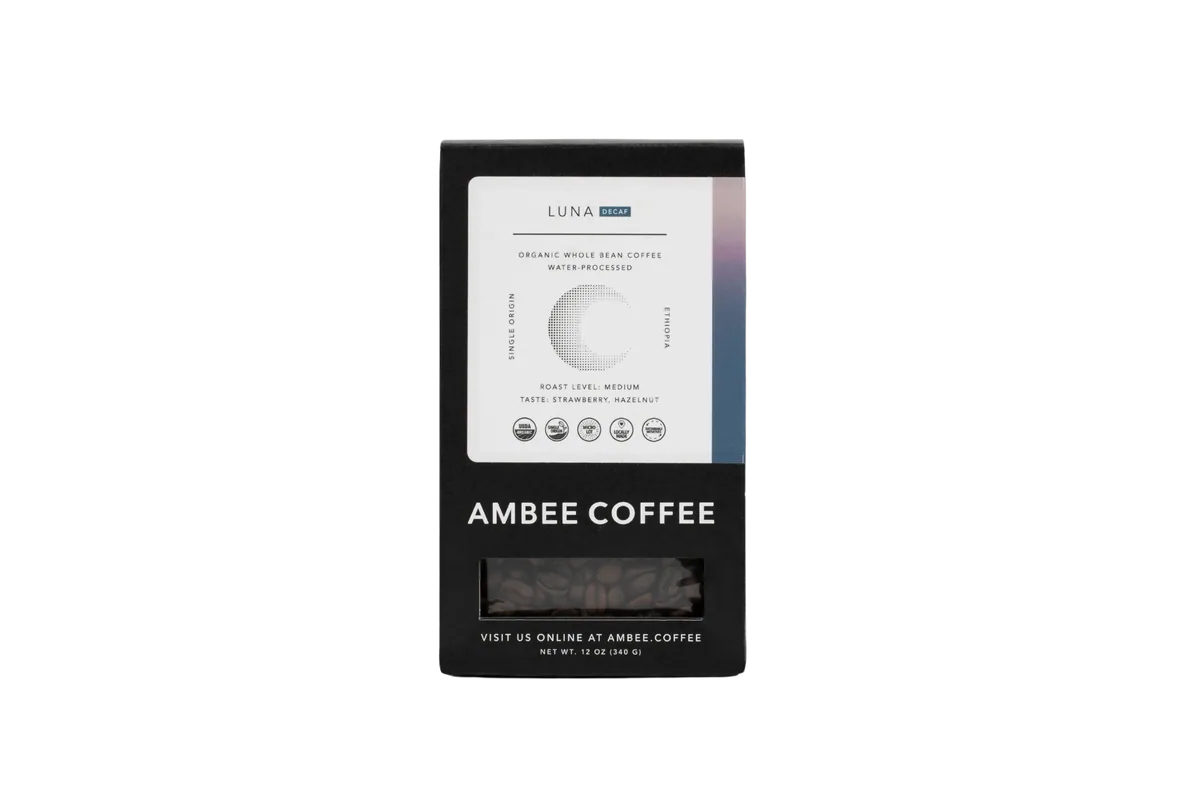 luna decaf – 12oz organic whole bean coffee box coffee by ambee coffee co.