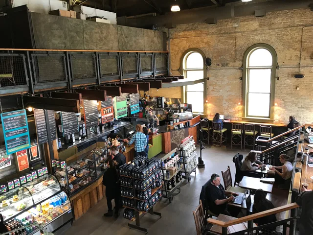 busy craft brewery or taproom interior with counter, seating, and product displays., colectivo coffee on the lakefront, milwa