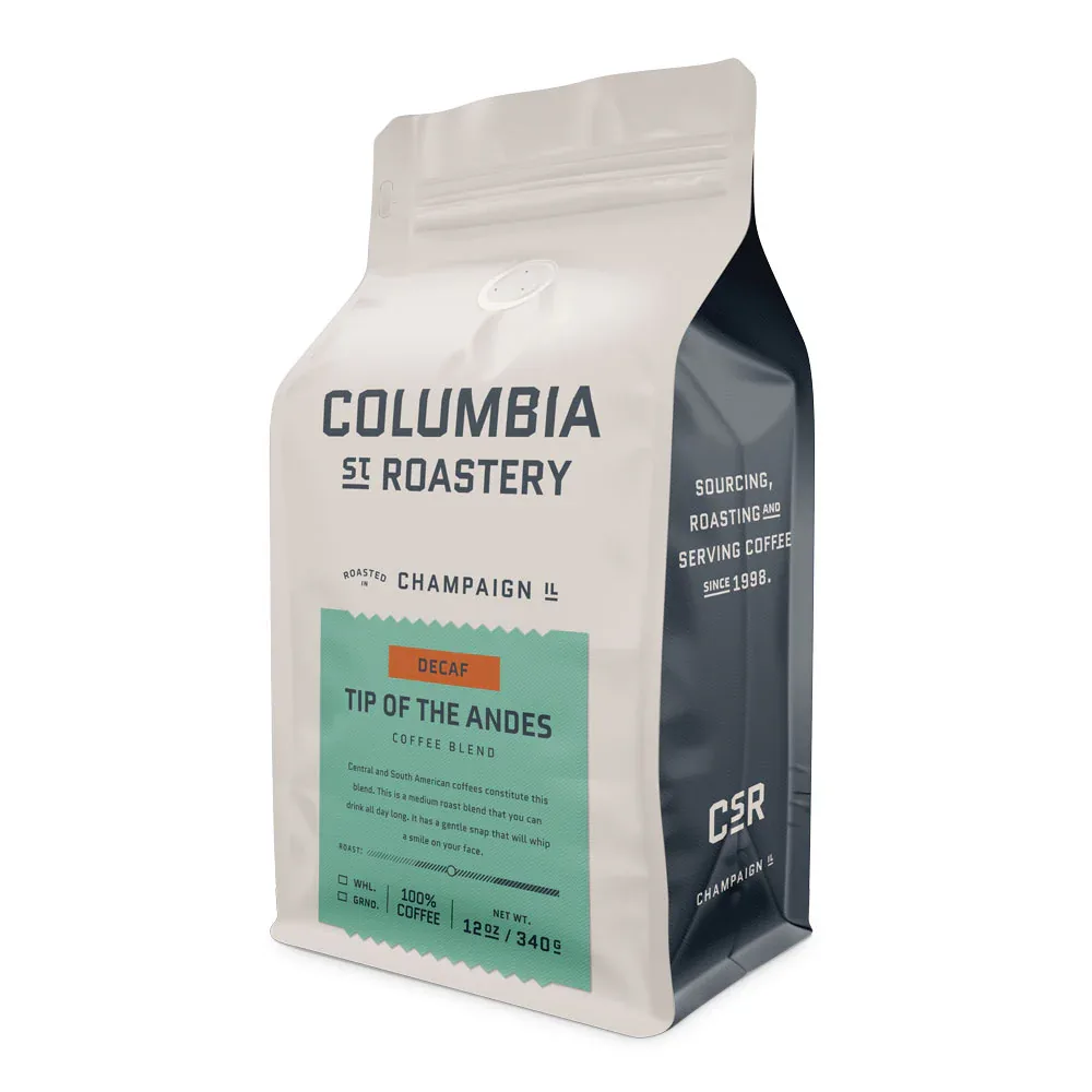 columbia street roastery decaf coffee bag, tip of the andes blend, 12 oz package., columbia street roastery, champaign