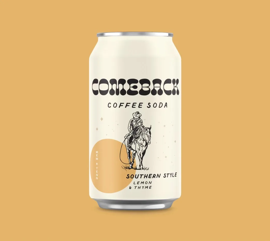 white aluminum can labeled "comeback coffee soda" with cowboy illustration on tan background., comeback coffee, memphis