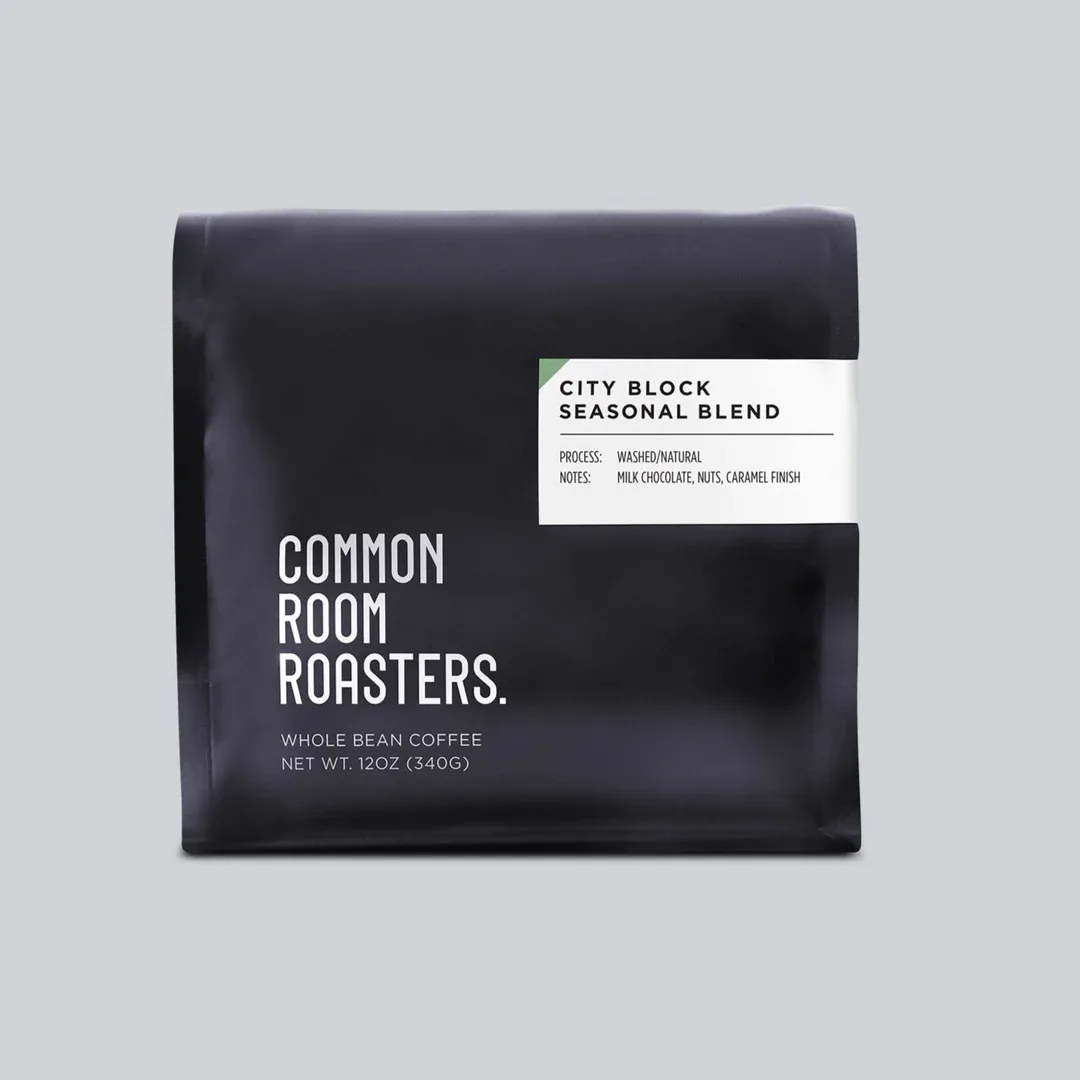 black coffee bag labeled city block seasonal blend by common room roasters, 12oz., common room roasters - long beach coffee s