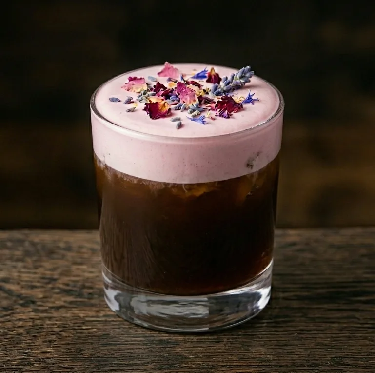 layered cocktail with dark coffee base, pink foam top, and edible flower garnish., commune, fitzroy