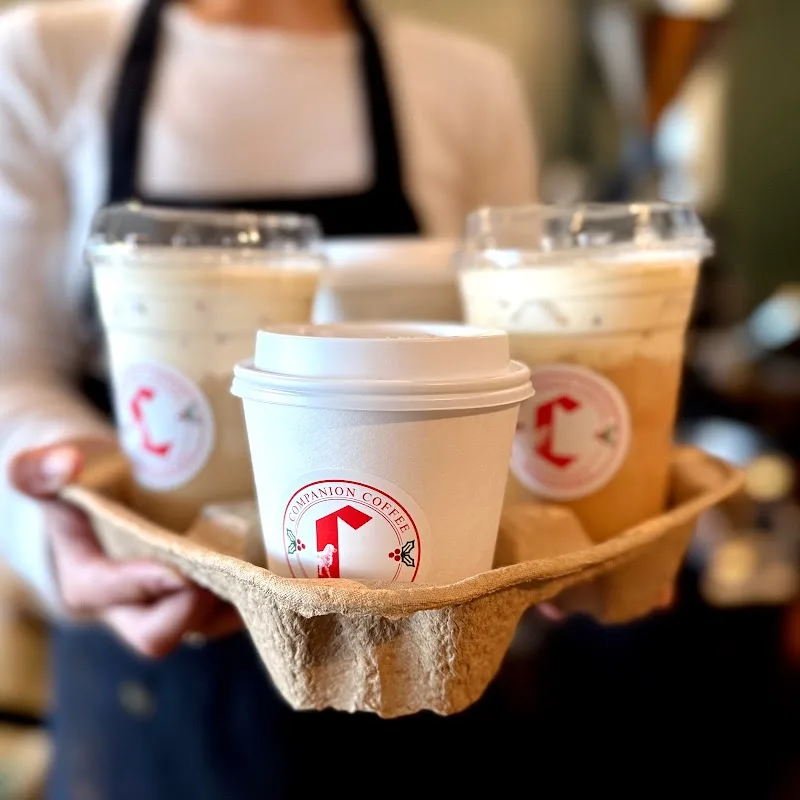 barista holding cardboard tray with four coffee cups, "cinanon coffee" branding visible., companion coffee roasters, florence