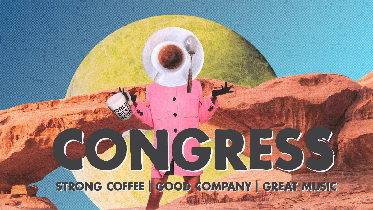surreal desert landscape with pink suited figure holding coffee cup and spoon., congress coffee company, calgary