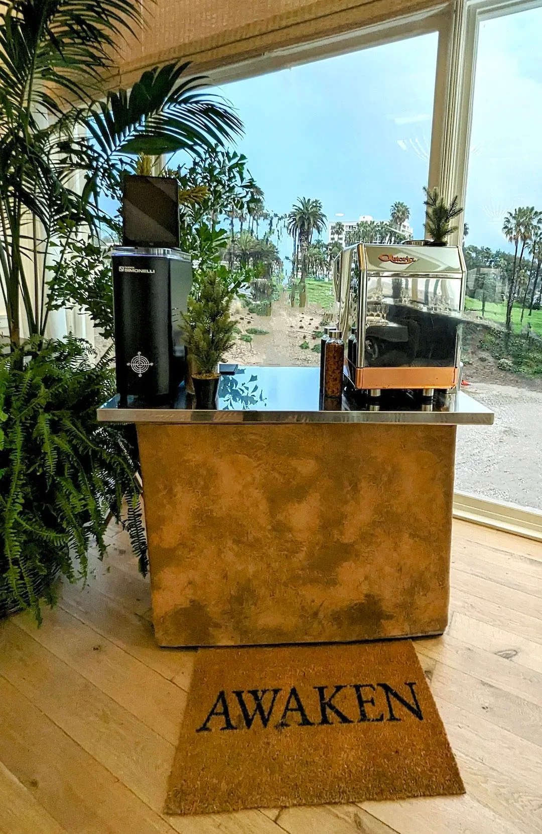 luxury coffee bar with espresso machine, grinder, plants, and palm tree views., conscious bean coffee catering, san bernardin