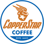 copperstop coffee logo with torch symbol and blue circular border., copper star coffee, phoenix
