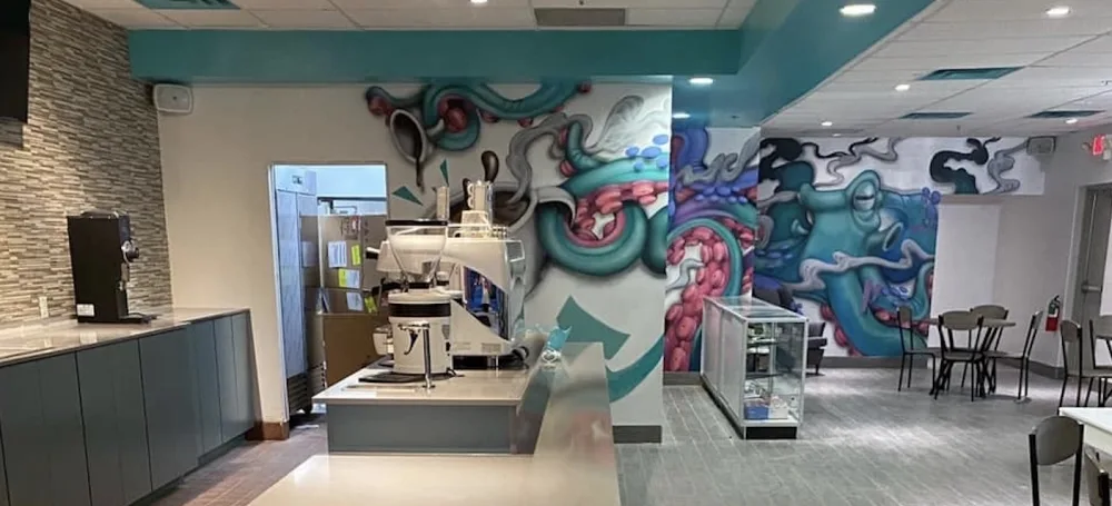 modern cafe interior with turquoise ceiling, octopus mural art, and coffee bar., coral reef coffee company, lewisville