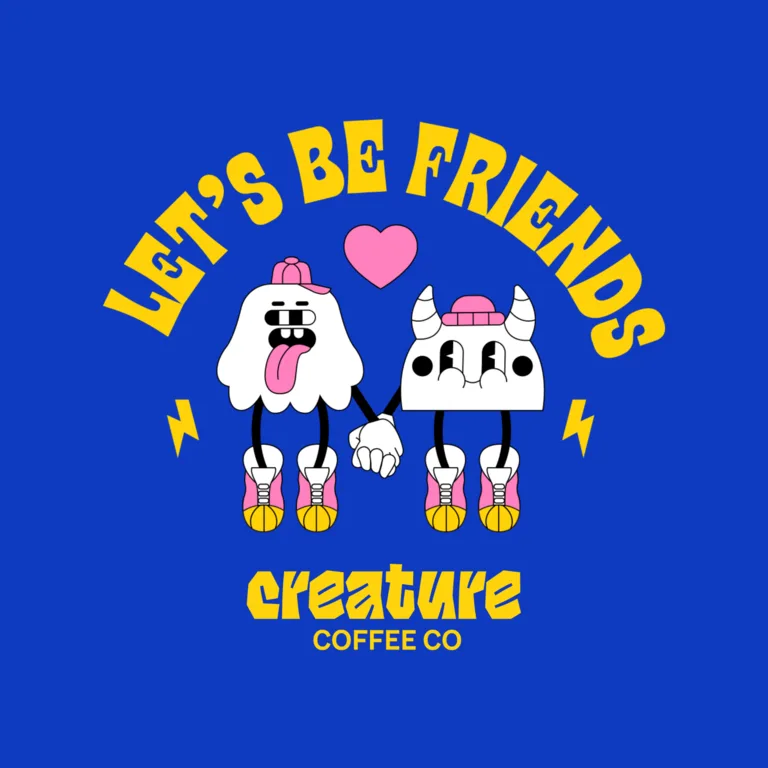 two cute cartoon creatures holding hands with heart, "let's be friends" text, creature coffee co branding., creature coffee c