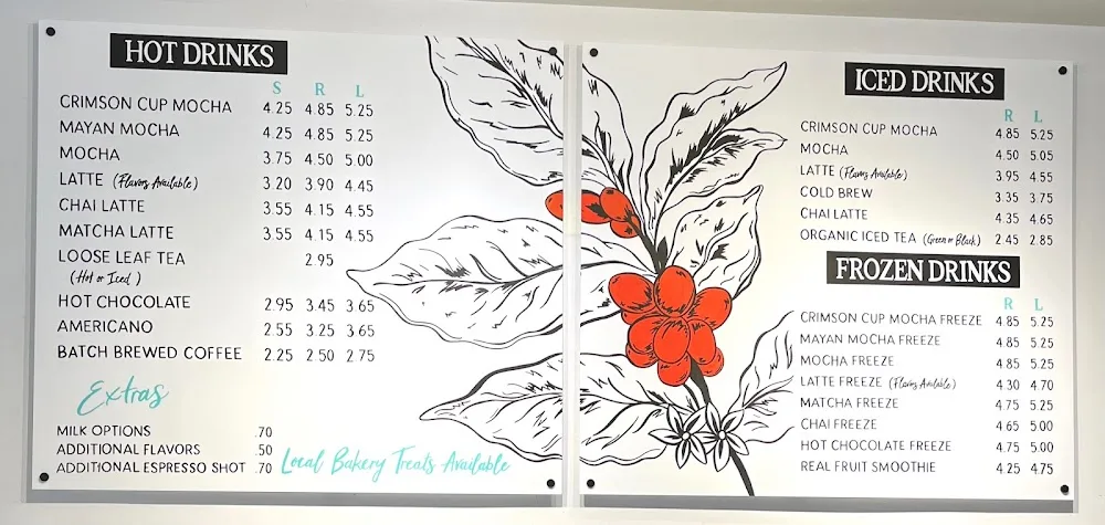 coffee shop menu with hot, iced, and frozen drink options with botanical illustration., crimson cup coffee shop - tallmadge, 