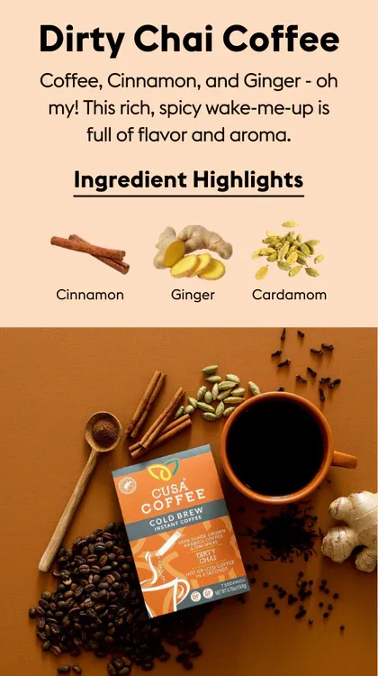 dirty chai coffee product layout with ingredients, cup, and cusa coffee cold brew packet displayed., cusa coffee and tea, lov