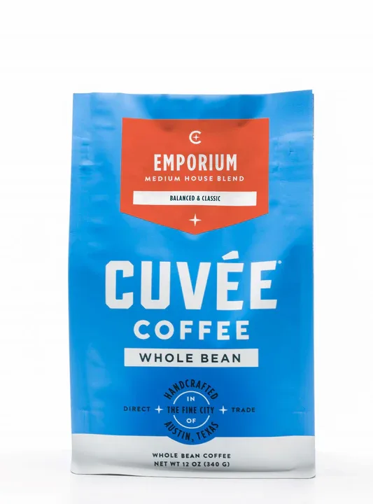 blue coffee bag with red banner label, whole bean, 12 oz package., cuvee coffee, austin