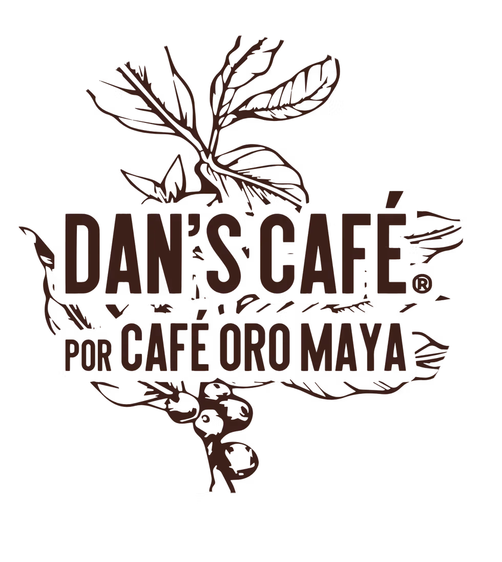 dan's café logo with coffee plant branches and berries in brown ink., dan's café (by café oro maya), guadalajara